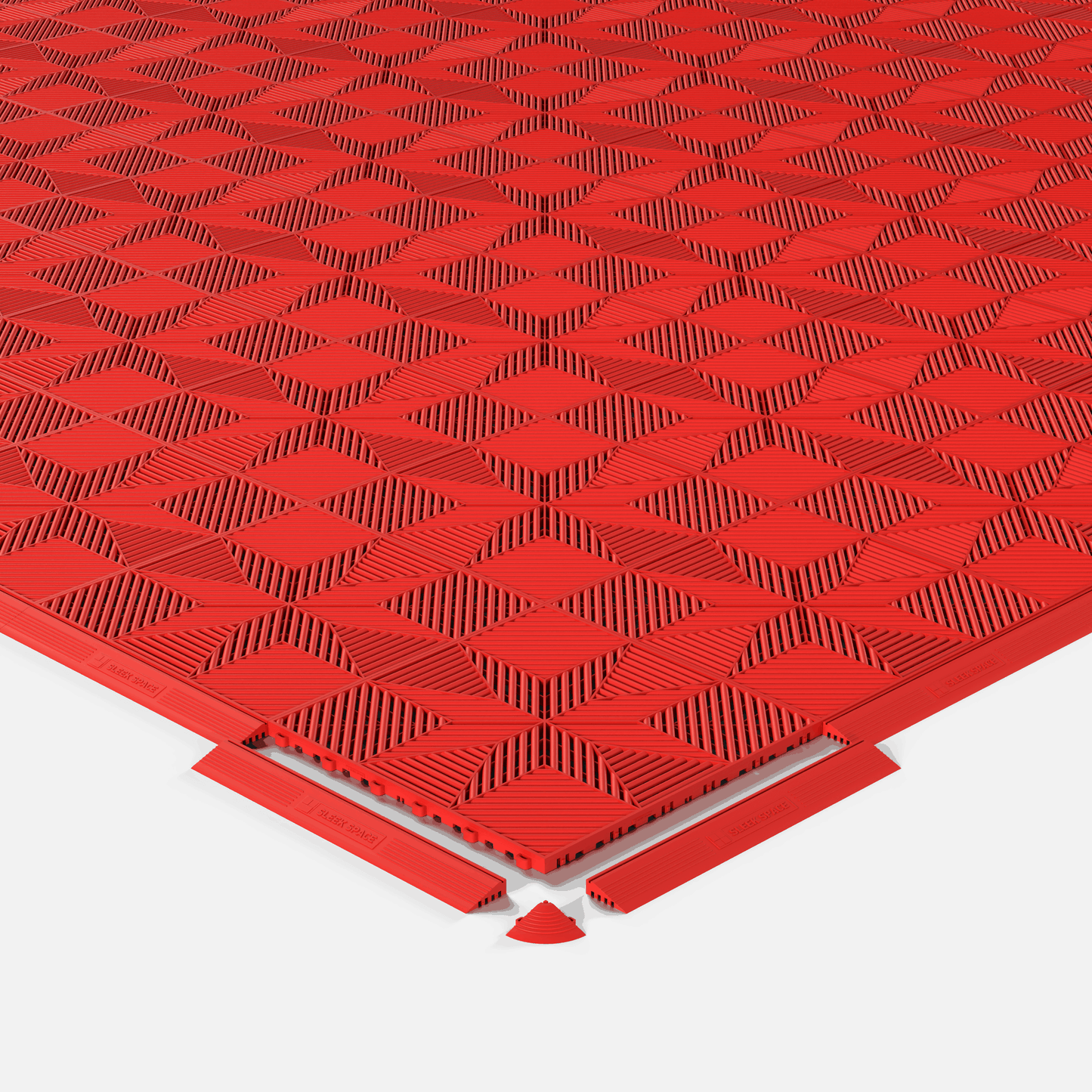 ULTRAFLUX garage floor tile in Rosso Red, shown with an edge ramp