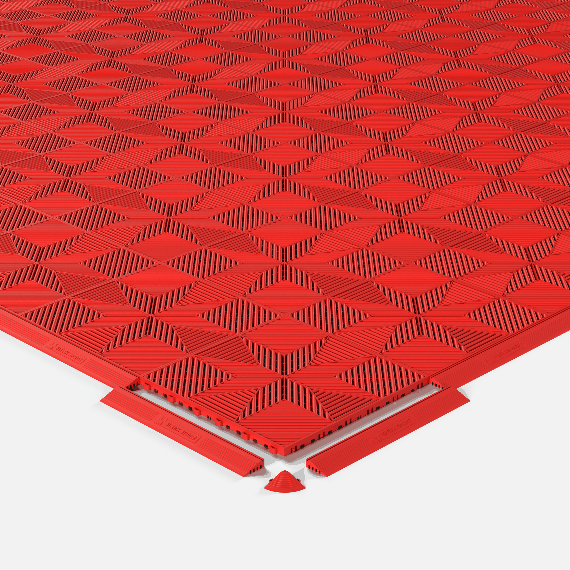 ULTRAFLUX garage floor tile in Rosso Red, shown with an edge ramp