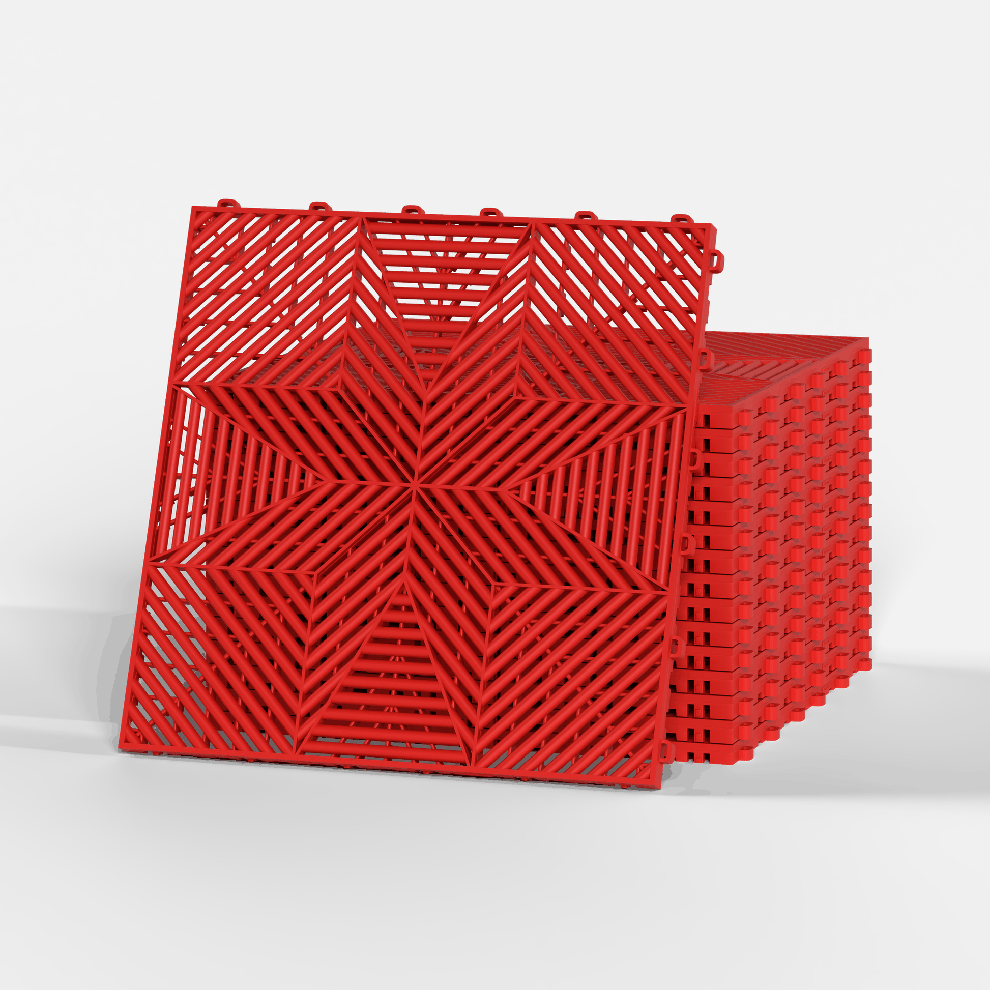 ULTRAFLUX garage floor tile in Rosso Red, a stack of tiles