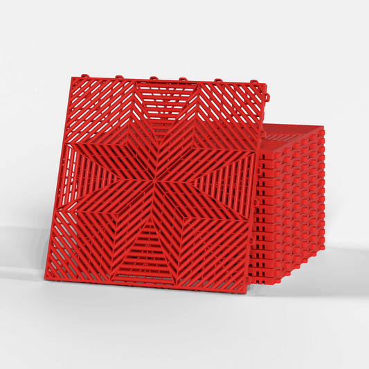 ULTRAFLUX garage floor tile in Rosso Red, a stack of tiles