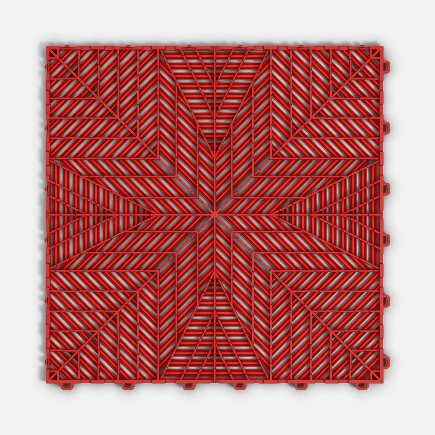 ULTRAFLUX garage floor tile in Rosso Red, underside showing the ventilation channels