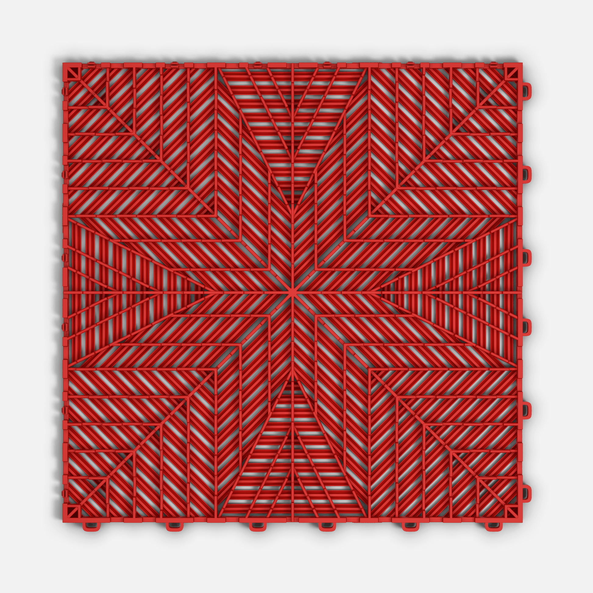ULTRAFLUX garage floor tile in Rosso Red, underside showing the ventilation channels