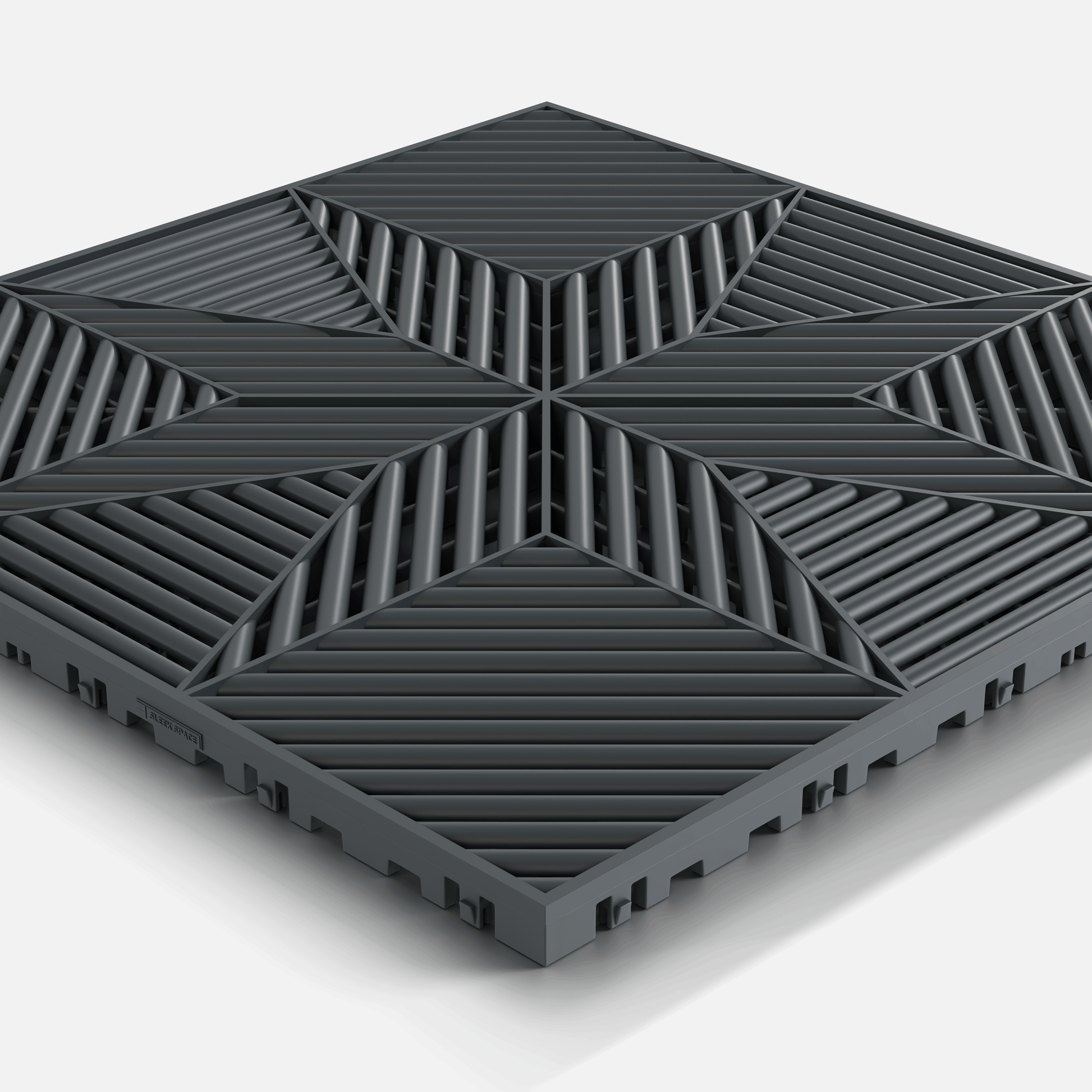 ULTRAFLUX garage floor tile in Stealth Grey, single tile seen from a low angle