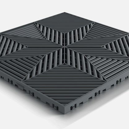 ULTRAFLUX garage floor tile in Stealth Grey, single tile seen from a low angle