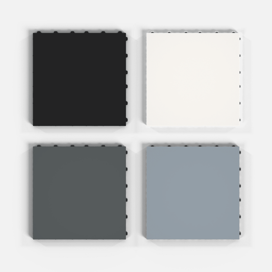 ULTRATONE modular floor tile sample pack, four tiles in Jet Black, Alpine White, Space Grey and Silver Grey