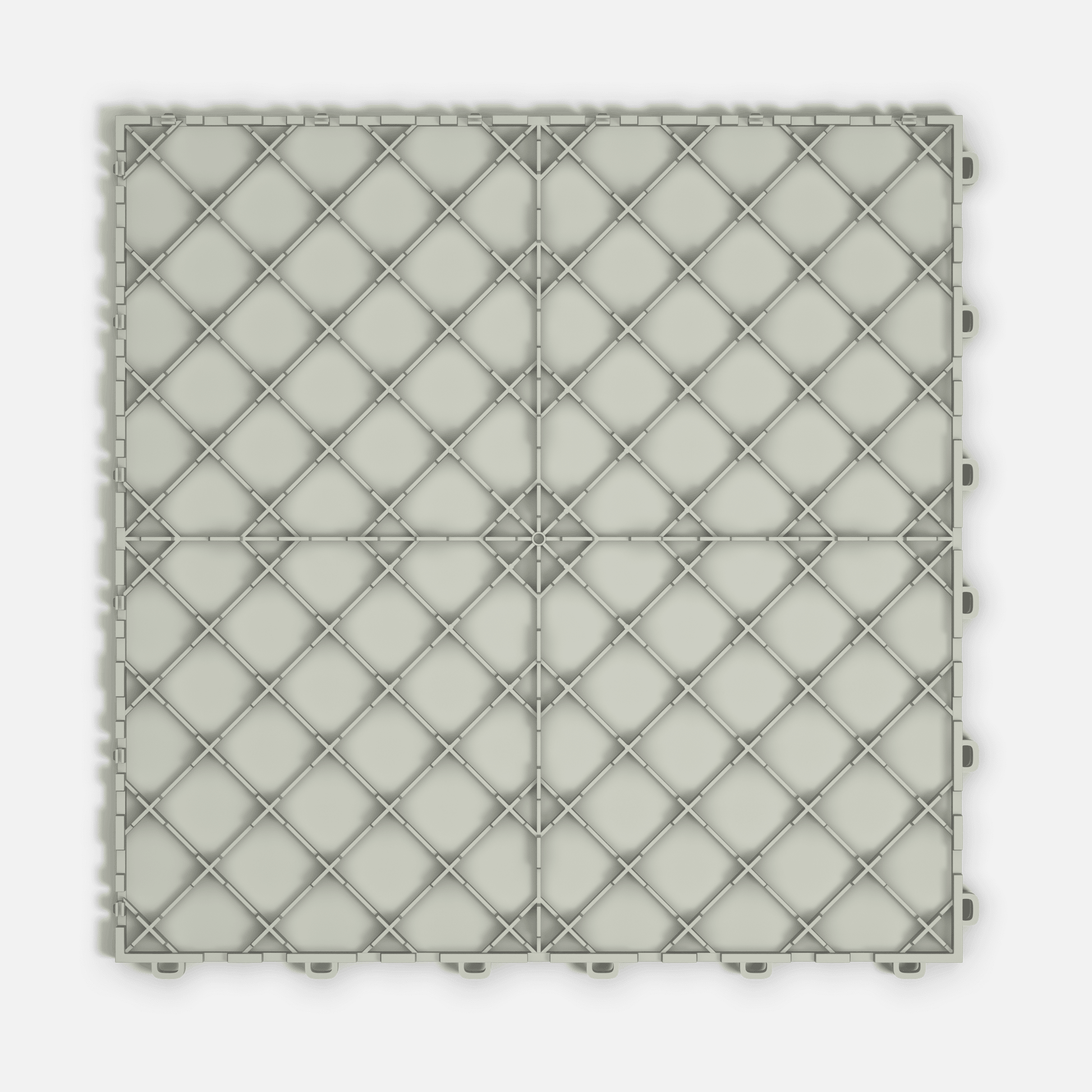 ULTRATONE modular floor tile in Coastal Grey, underside showing the support ribs and side airflow channels