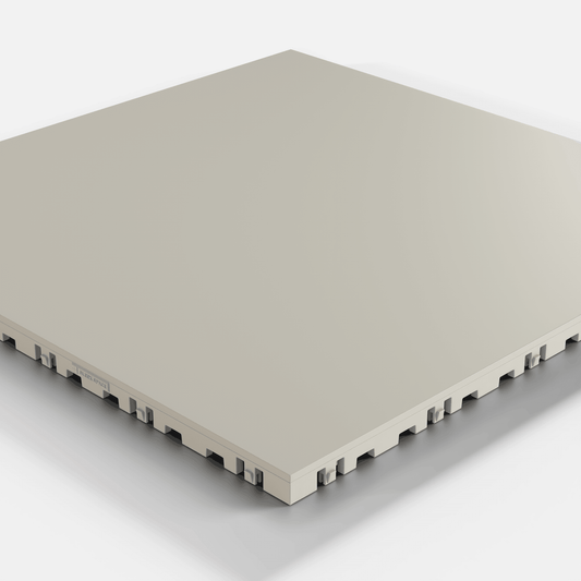 ULTRATONE modular floor tile in Pebble Beige, single tile seen from a low angle