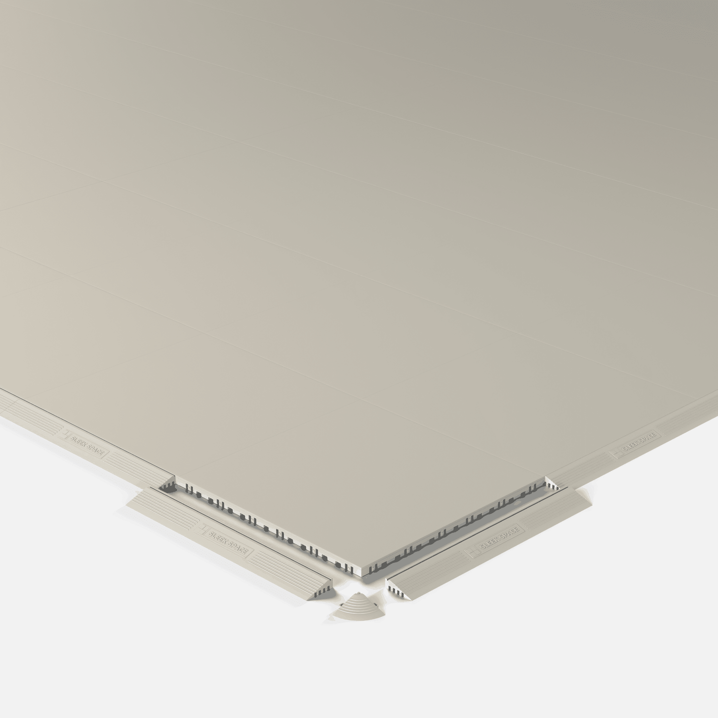 ULTRATONE modular floor tile in Pebble Beige, shown with an edge ramp